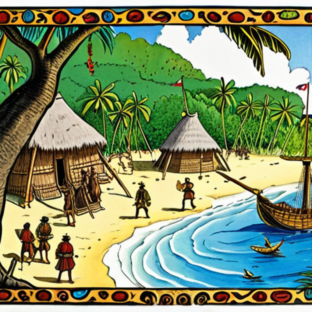 **First Contact with European Explorers**: Create an illustration depicting the arrival of Spanish explorer Álvaro de Mendaña in Tuvalu during the 16th century. Show the beauty of the islands, with lush landscapes and native inhabitants expressing a mix of wonder and apprehension. Include elements representing both the awe of new encounters and the looming threat of disease.
