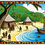 **First Contact with European Explorers**: Create an illustration depicting the arrival of Spanish explorer Álvaro de Mendaña in Tuvalu during the 16th century. Show the beauty of the islands, with lush landscapes and native inhabitants expressing a mix of wonder and apprehension. Include elements representing both the awe of new encounters and the looming threat of disease.