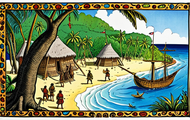 **First Contact with European Explorers**: Create an illustration depicting the arrival of Spanish explorer Álvaro de Mendaña in Tuvalu during the 16th century. Show the beauty of the islands, with lush landscapes and native inhabitants expressing a mix of wonder and apprehension. Include elements representing both the awe of new encounters and the looming threat of disease.