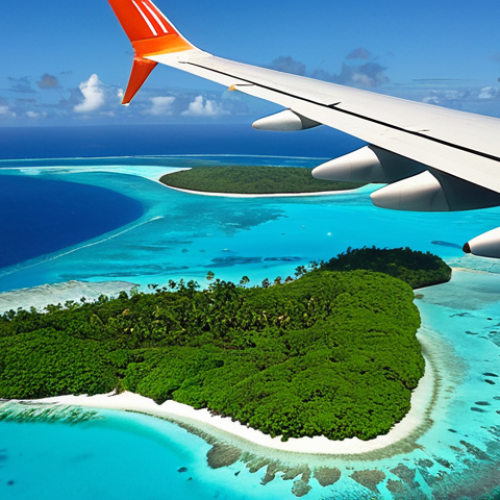 Home 18 **A small Fiji Airways plane flying over turquoise waters dotted with atolls, approaching a lush green island. Focus on the vastness of the Pacific Ocean and the remoteness of Tuvalu.**
