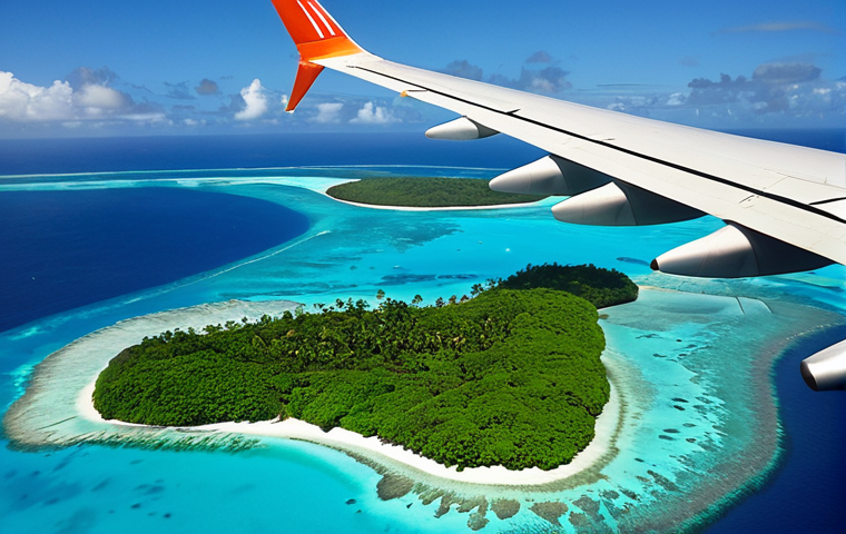 **A small Fiji Airways plane flying over turquoise waters dotted with atolls, approaching a lush green island. Focus on the vastness of the Pacific Ocean and the remoteness of Tuvalu.**