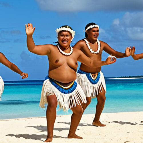Home 9 **Vibrant Tuvaluan Cultural Celebration:** A dynamic and authentic scene showcasing Tuvaluan traditional dance, with islanders of all ages joyfully performing an energetic Fatele or Siva. Dancers in traditional attire exhibit expressive hand and body movements, accompanied by synchronized clapping and rhythmic foot percussion, radiating the resilience and community spirit of Tuvalu on a sun-drenched sandy beach with the ocean in the background.