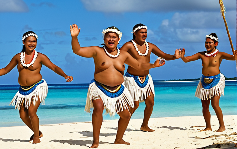 **Vibrant Tuvaluan Cultural Celebration:** A dynamic and authentic scene showcasing Tuvaluan traditional dance, with islanders of all ages joyfully performing an energetic Fatele or Siva. Dancers in traditional attire exhibit expressive hand and body movements, accompanied by synchronized clapping and rhythmic foot percussion, radiating the resilience and community spirit of Tuvalu on a sun-drenched sandy beach with the ocean in the background.