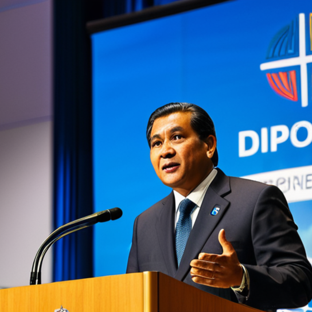 A dignified Tuvaluan diplomat, fully clothed in modest, professional attire, stands confidently at a podium in a brightly lit, modern international conference hall. The background features blurred global organization logos, suggesting a significant summit. The diplomat has a determined and hopeful expression, gesturing slightly as if delivering a passionate speech about climate resilience. The scene conveys a powerful global voice. Perfect anatomy, correct proportions, natural pose, well-formed hands, proper finger count. Safe for work, appropriate content, fully clothed, professional, high quality, studio lighting, detailed, realistic photography.