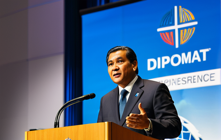 A dignified Tuvaluan diplomat, fully clothed in modest, professional attire, stands confidently at a podium in a brightly lit, modern international conference hall. The background features blurred global organization logos, suggesting a significant summit. The diplomat has a determined and hopeful expression, gesturing slightly as if delivering a passionate speech about climate resilience. The scene conveys a powerful global voice. Perfect anatomy, correct proportions, natural pose, well-formed hands, proper finger count. Safe for work, appropriate content, fully clothed, professional, high quality, studio lighting, detailed, realistic photography.