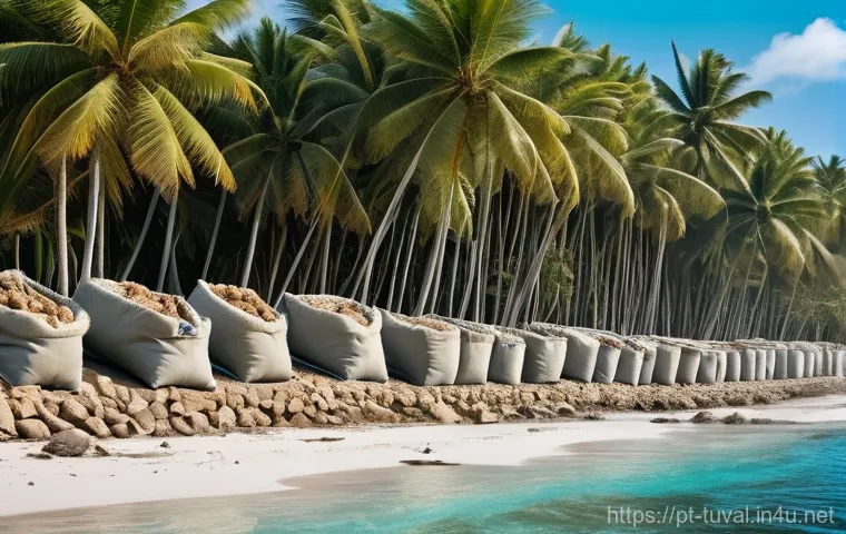 투발루와 태평양 섬나라 협력 - **Prompt:** A serene yet threatened scene in Tuvalu. On a beautiful tropical island, crystal-clear t...