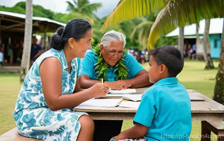투발루의 정치 체제 - **Prompt: A vibrant community meeting in Tuvalu, taking place outdoors under a traditional fale (ope...