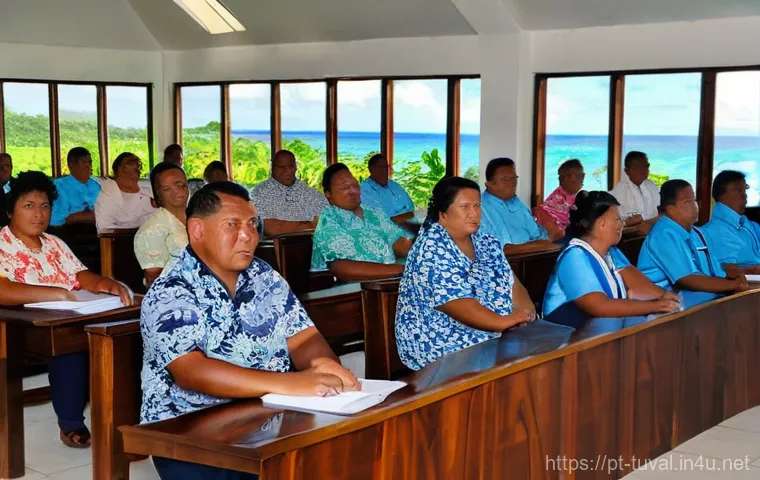 투발루의 정치 체제 - **Prompt: A vibrant community meeting in Tuvalu, taking place outdoors under a traditional fale (ope...