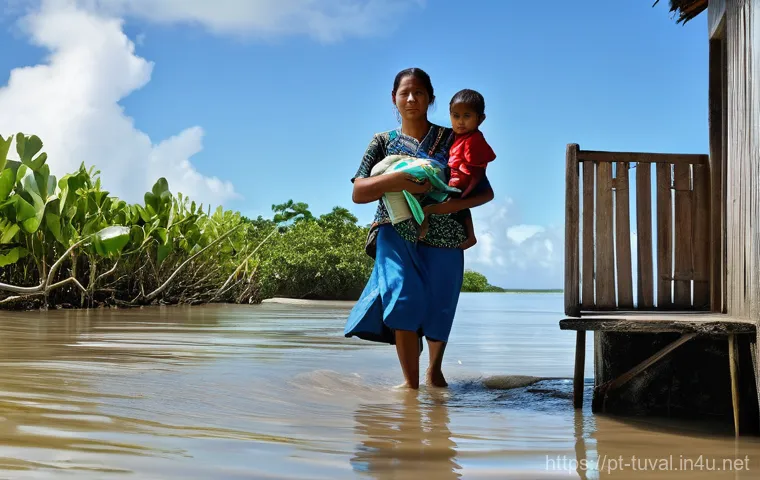 투발루 기후 변화 영향 - **Prompt 1: Tuvalu's Daily Resilience Against Rising Tides**
An intricately detailed image captu...