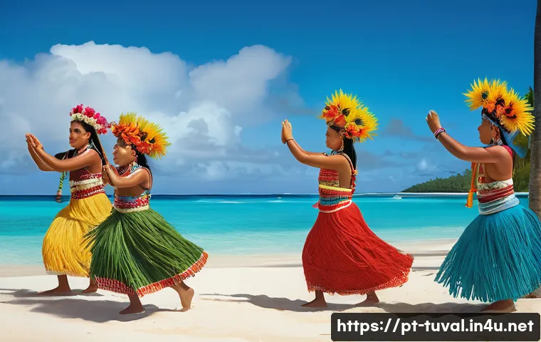 투발루에서 촬영된 다큐멘터리 및 영화 - A vibrant scene depicting a traditional Tuvaluan ceremony on a sunny beach, with community members d...