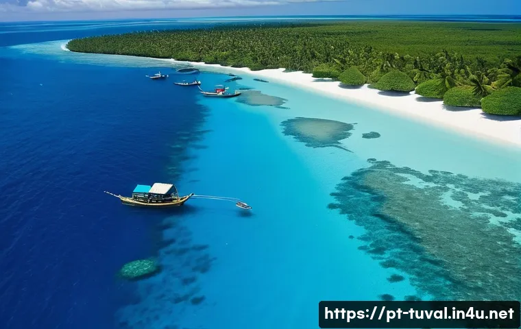 투발루와 주변 섬 비교 - A panoramic aerial view of Tuvalu’s nine small atolls and islands scattered across the vast Pacific ...