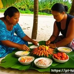Home 18 투발루의 해산물 요리 - A vibrant traditional Tuvaluan seafood feast set outdoors on a sandy beach under palm trees, showcas...