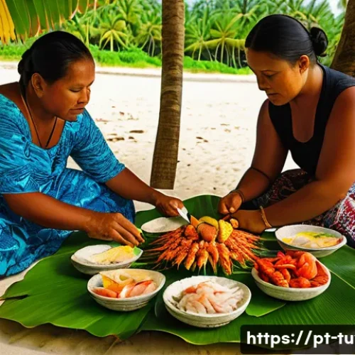 Home 30 투발루의 해산물 요리 - A vibrant traditional Tuvaluan seafood feast set outdoors on a sandy beach under palm trees, showcas...
