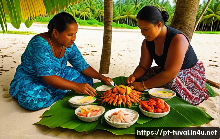 투발루의 해산물 요리 - A vibrant traditional Tuvaluan seafood feast set outdoors on a sandy beach under palm trees, showcas...