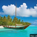 Home 23 투발루의 교통수단 - A traditional handcrafted wooden sailboat gliding over crystal-clear turquoise waters around small l...