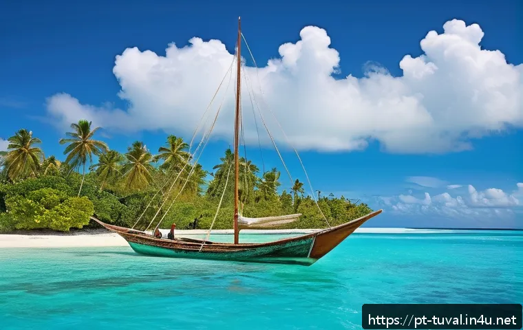 투발루의 교통수단 - A traditional handcrafted wooden sailboat gliding over crystal-clear turquoise waters around small l...